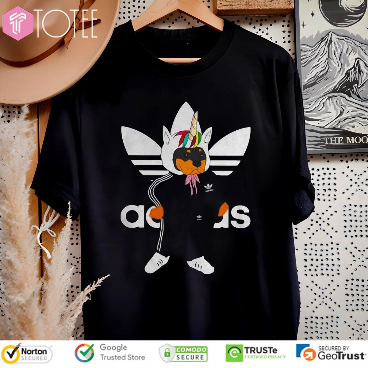 Rottweiler Wearing Unicorn Hat Parody Adidas Logo T-Shirt
